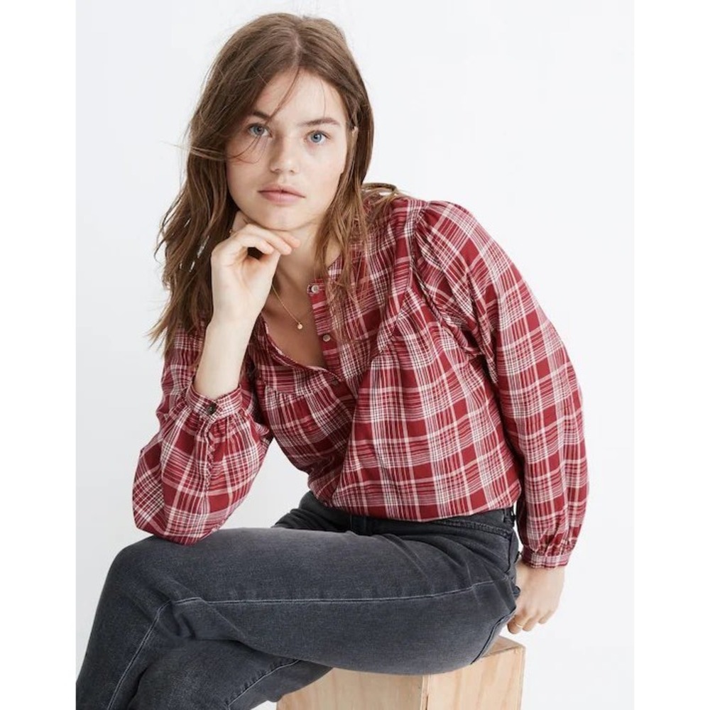 Madewell Balloon-Sleeve Peasant Top in Plaid